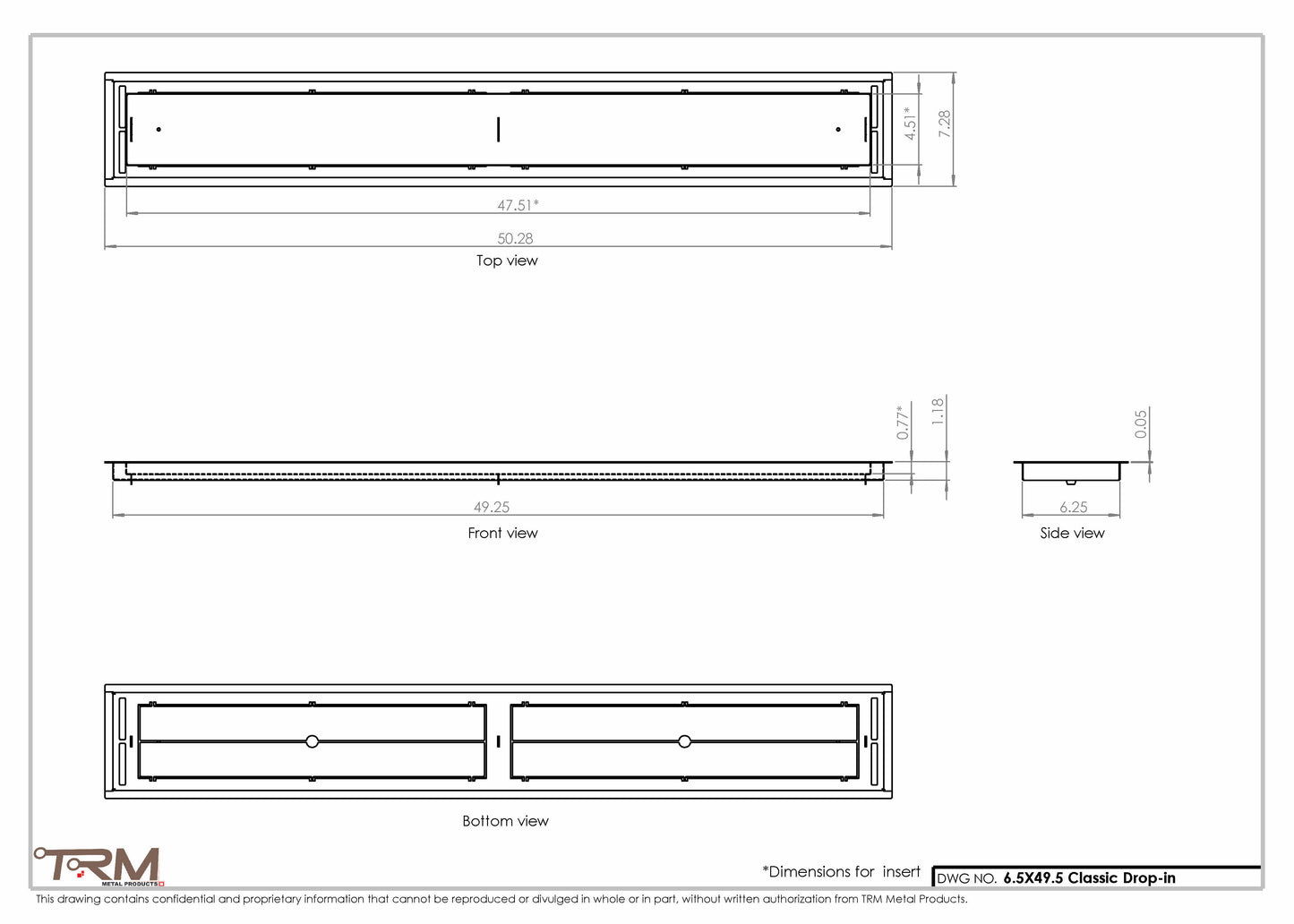 6.5x49.5 - Classic Drop-in Air Vent, Flush Floor-Matching, All Metal, Floor Vent Cover - TRM Metal  49.5x6.5