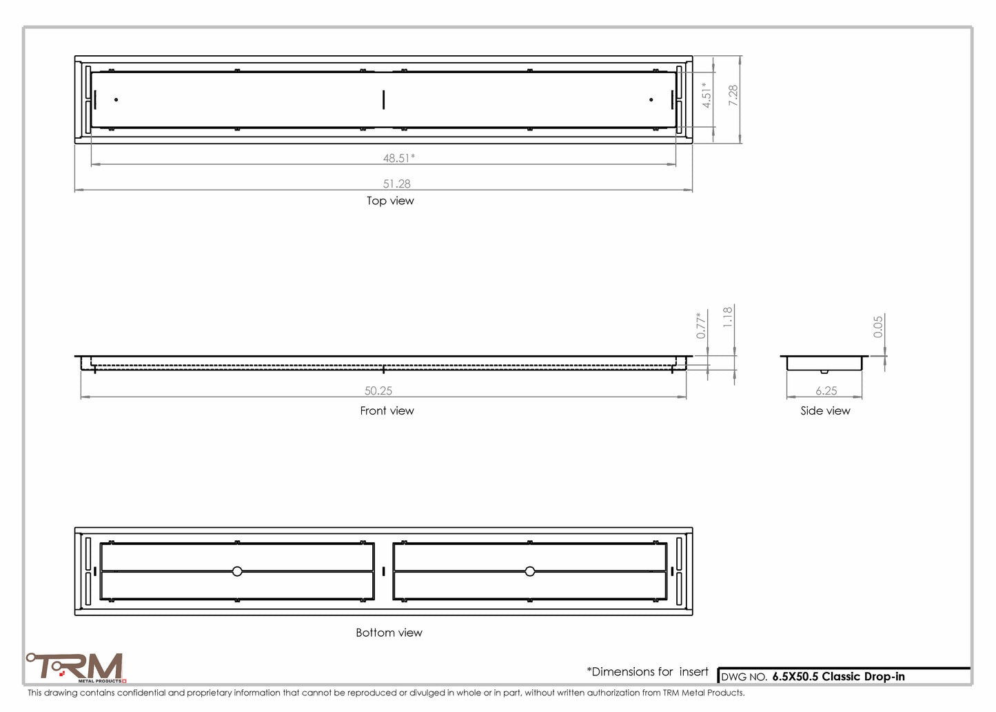 6.5x50.5 - Classic Drop-in Air Vent, Flush Floor-Matching, All Metal, Floor Vent Cover - TRM Metal  50.5x6.5