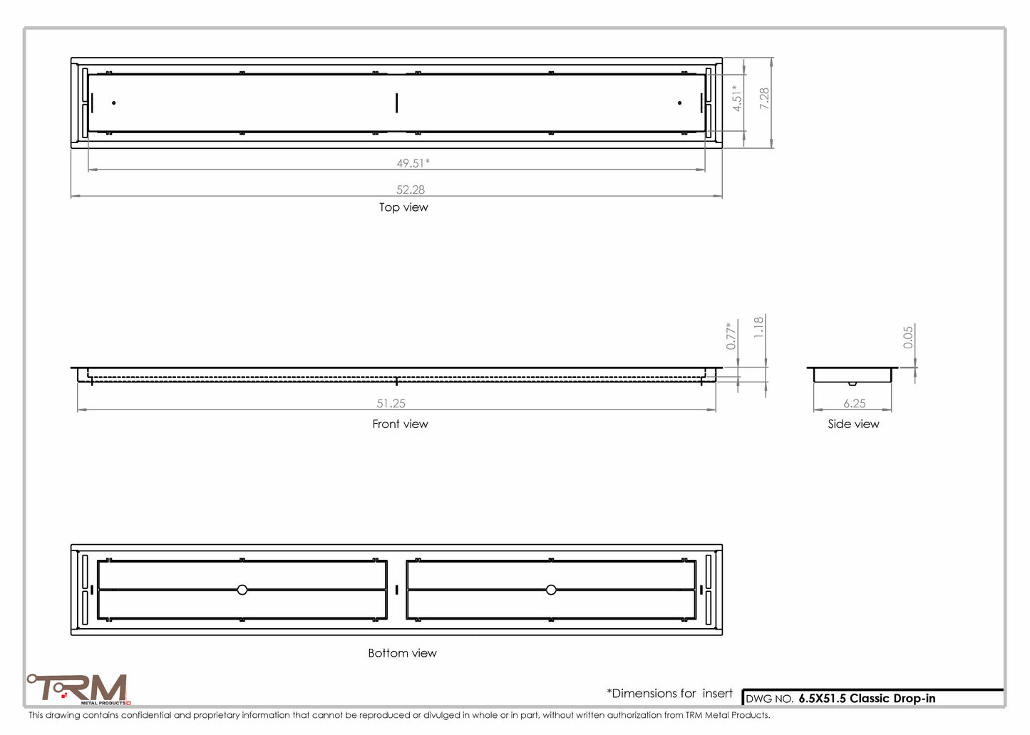 6.5x51.5 - Classic Drop-in Air Vent, Flush Floor-Matching, All Metal, Floor Vent Cover - TRM Metal  51.5x6.5