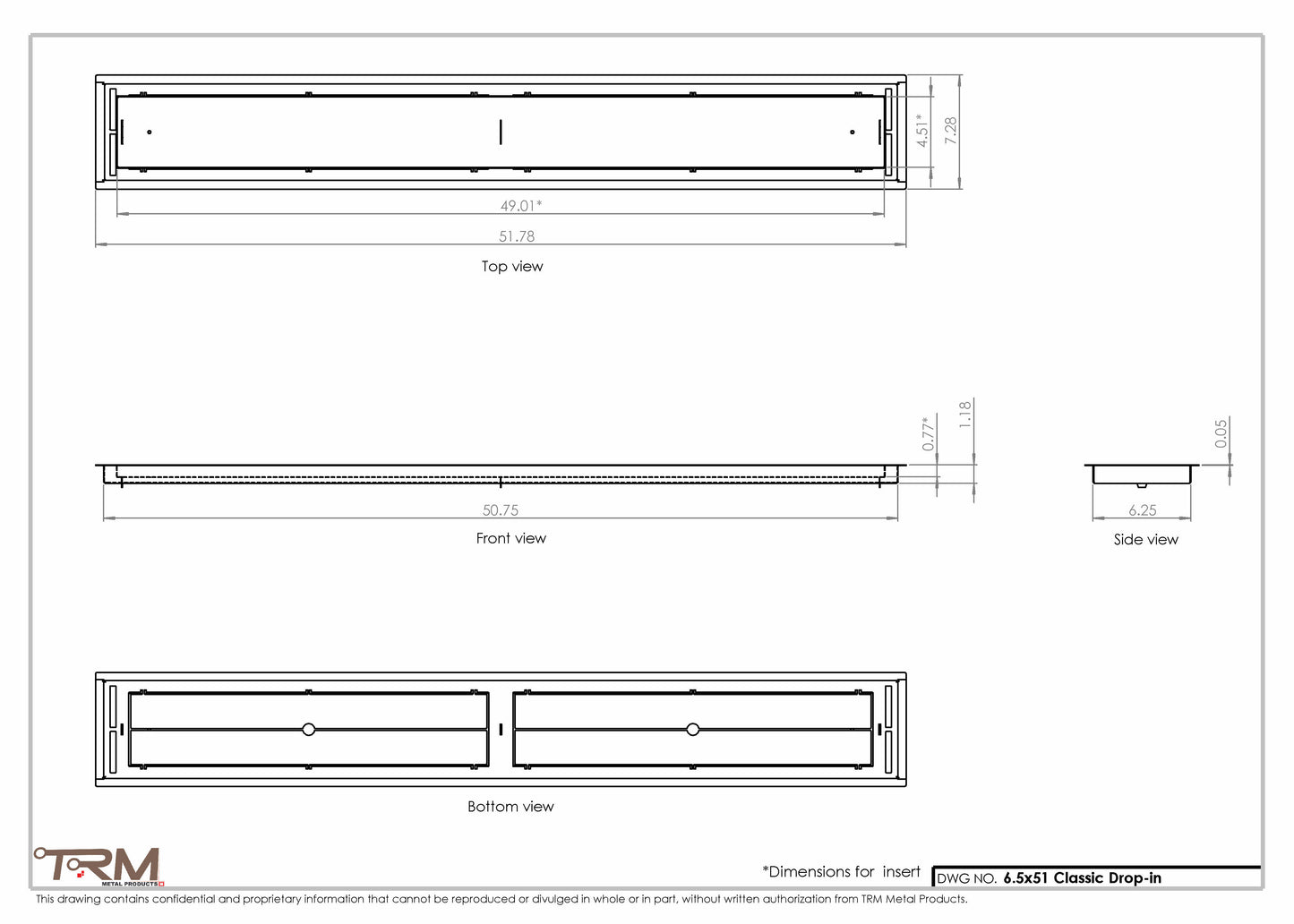 6.5x51 - Classic Drop-in Air Vent, Flush Floor-Matching, All Metal, Floor Vent Cover - TRM Metal  51x6.5