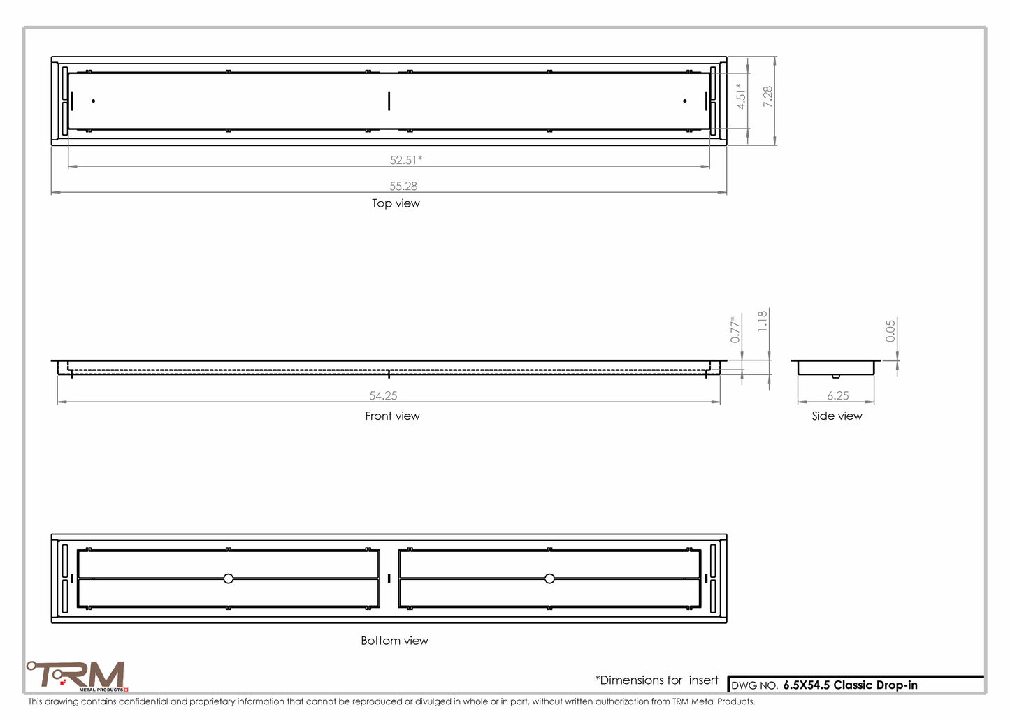 6.5x54.5 - Classic Drop-in Air Vent, Flush Floor-Matching, All Metal, Floor Vent Cover - TRM Metal  54.5x6.5
