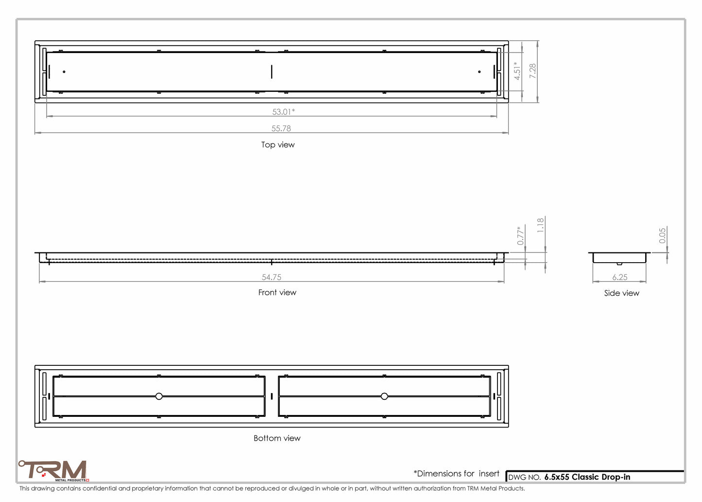 6.5x55 - Classic Drop-in Air Vent, Flush Floor-Matching, All Metal, Floor Vent Cover - TRM Metal  55x6.5