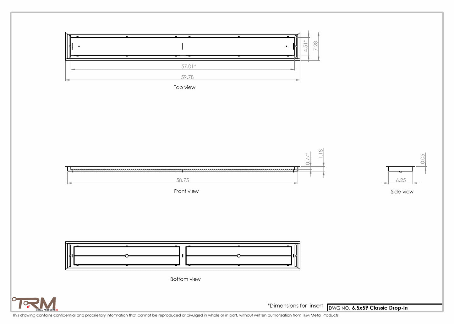 6.5x59 - Classic Drop-in Air Vent, Flush Floor-Matching, All Metal, Floor Vent Cover - TRM Metal  59x6.5