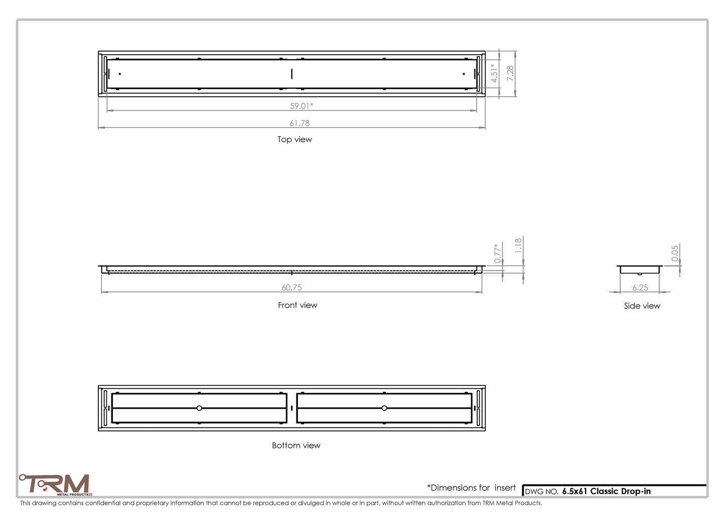 6.5x61 - Classic Drop-in Air Vent, Flush Floor-Matching, All Metal, Floor Vent Cover - TRM Metal  61x6.5