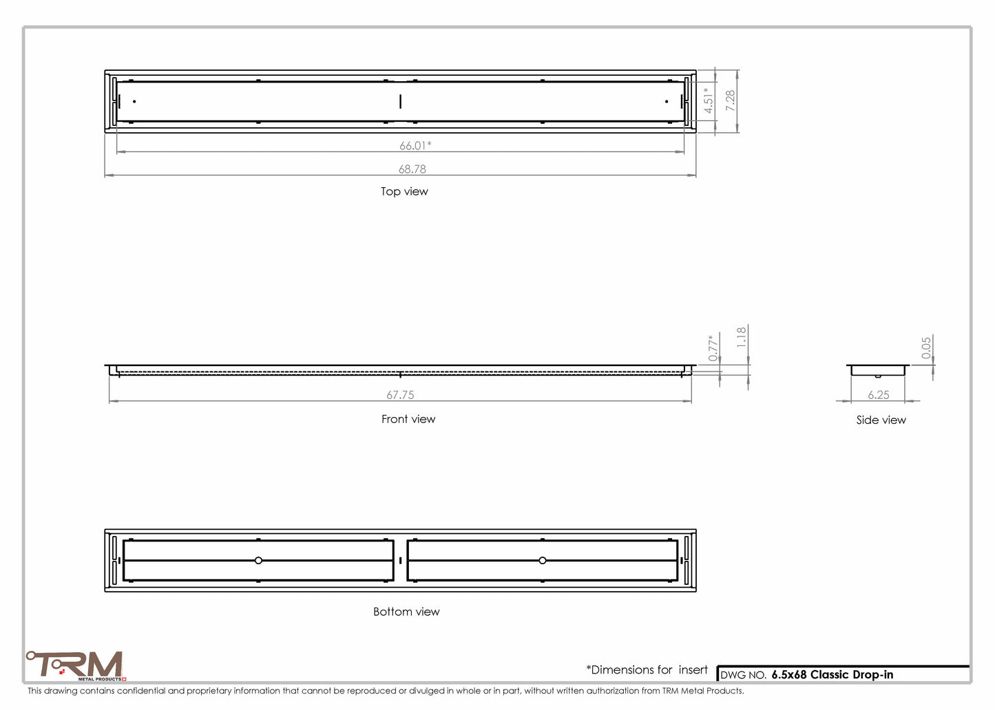 6.5x68 - Classic Drop-in Air Vent, Flush Floor-Matching, All Metal, Floor Vent Cover - TRM Metal  68x6.5