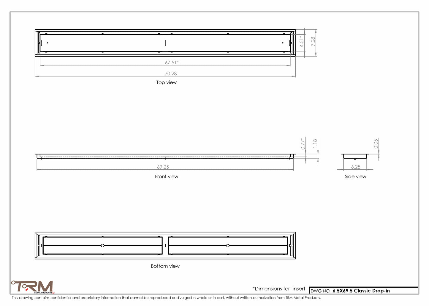 6.5x69.5 - Classic Drop-in Air Vent, Flush Floor-Matching, All Metal, Floor Vent Cover - TRM Metal  69.5x6.5