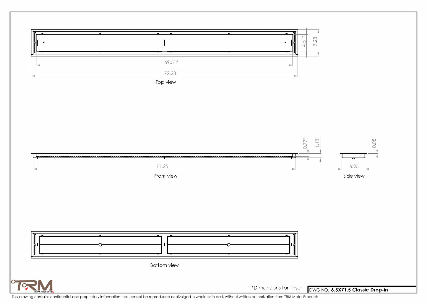 6.5x71.5 - Classic Drop-in Air Vent, Flush Floor-Matching, All Metal, Floor Vent Cover - TRM Metal  71.5x6.5