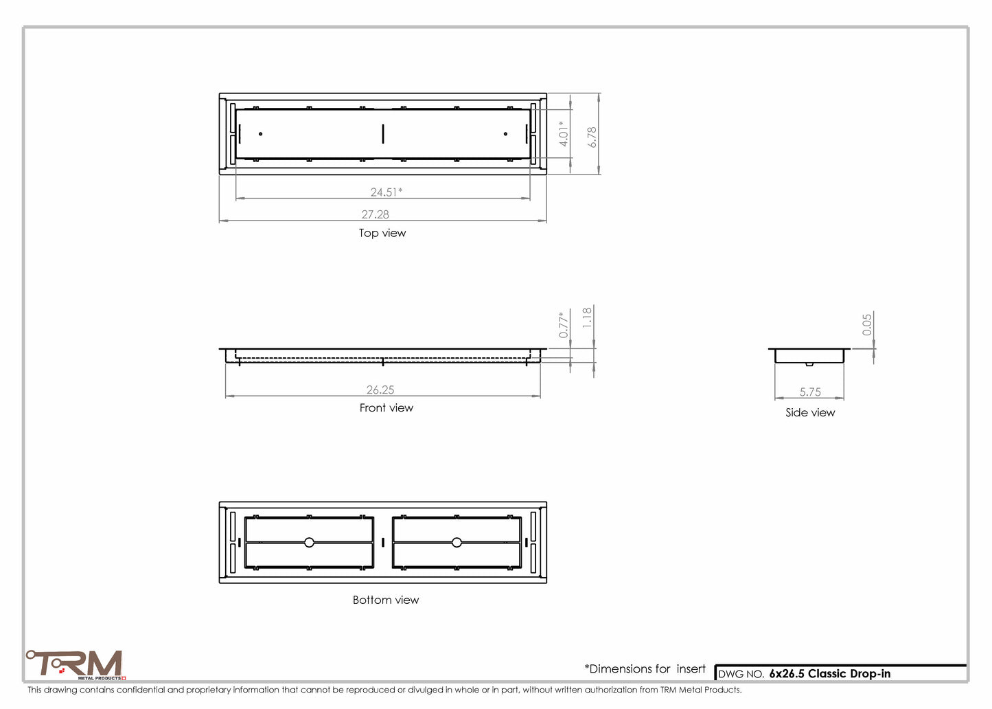 6x26.5 - Classic Drop-in Air Vent, Flush Floor-Matching, All Metal, Floor Vent Cover - TRM Metal  26.5x6