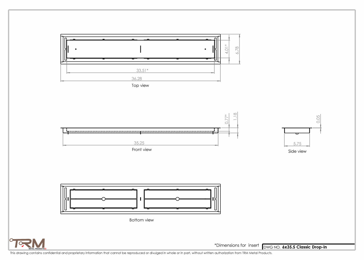 6x35.5 - Classic Drop-in Air Vent, Flush Floor-Matching, All Metal, Floor Vent Cover - TRM Metal  35.5x6