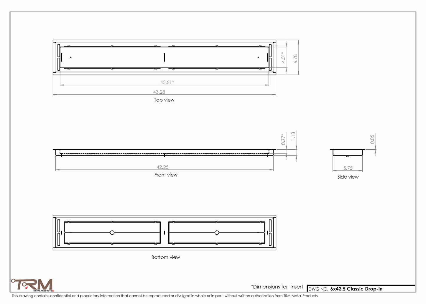 6x42.5 - Classic Drop-in Air Vent, Flush Floor-Matching, All Metal, Floor Vent Cover - TRM Metal  42.5x6