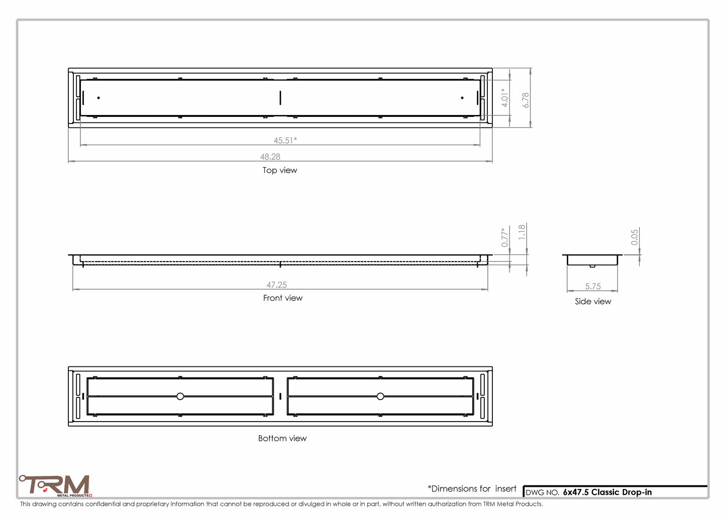 6x47.5 - Classic Drop-in Air Vent, Flush Floor-Matching, All Metal, Floor Vent Cover - TRM Metal  47.5x6