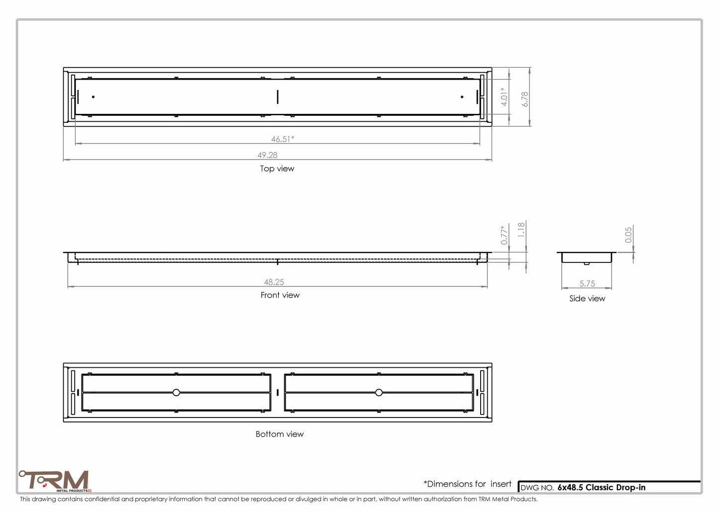 6x48.5 - Classic Drop-in Air Vent, Flush Floor-Matching, All Metal, Floor Vent Cover - TRM Metal  48.5x6