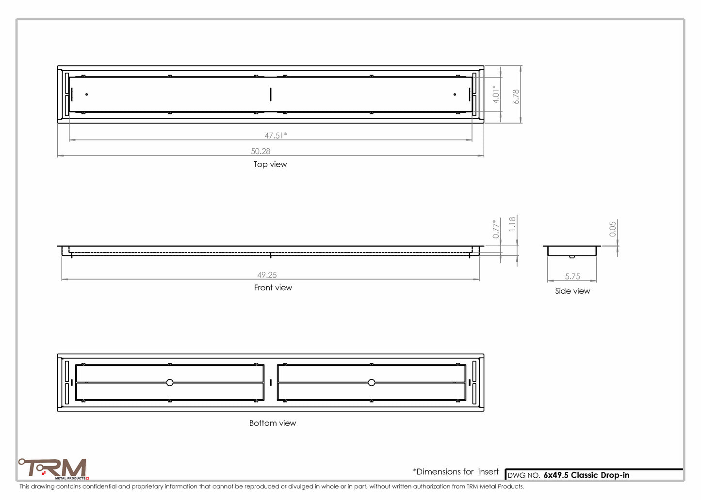 6x49.5 - Classic Drop-in Air Vent, Flush Floor-Matching, All Metal, Floor Vent Cover - TRM Metal  49.5x6