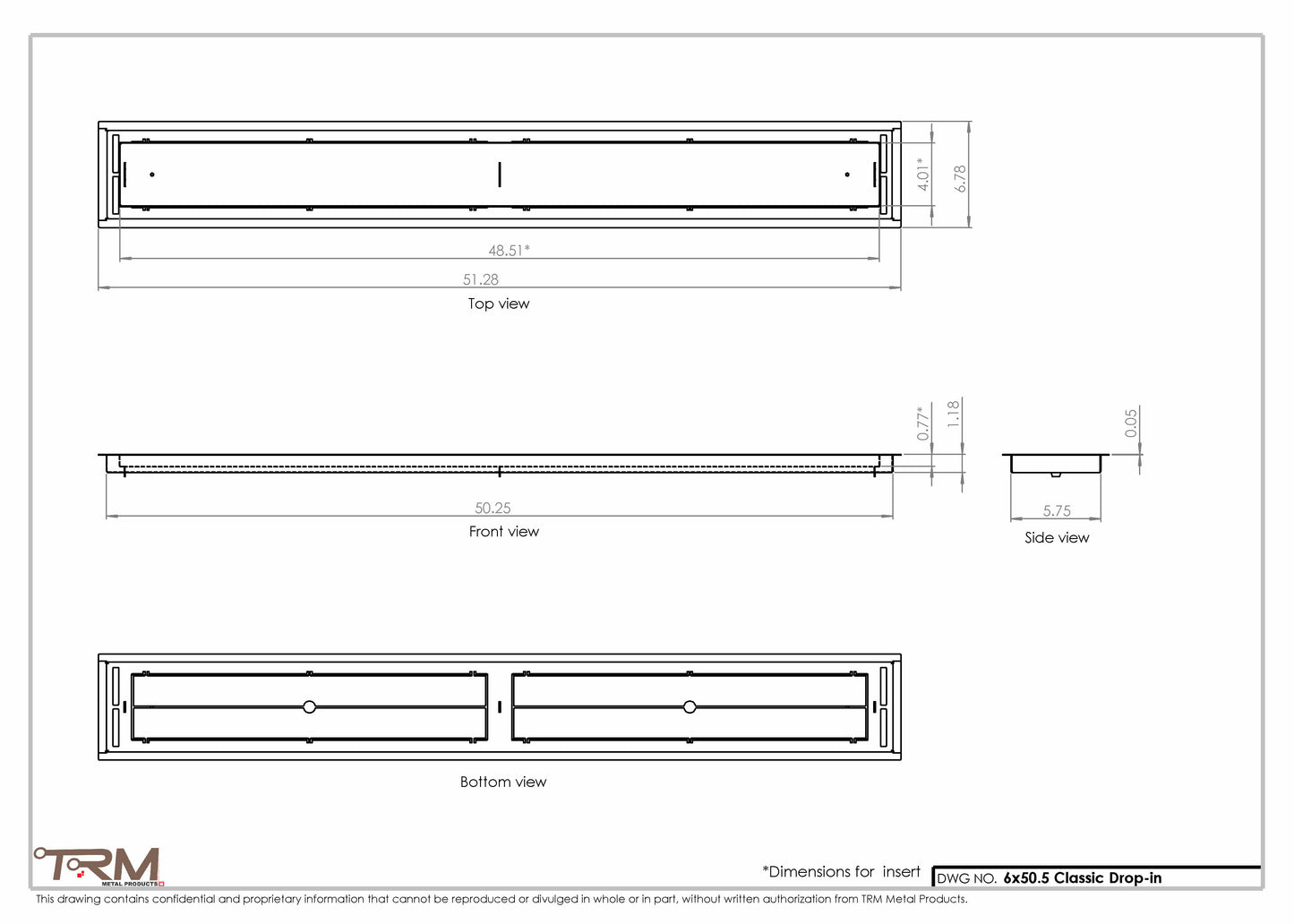 6x50.5 - Classic Drop-in Air Vent, Flush Floor-Matching, All Metal, Floor Vent Cover - TRM Metal  50.5x6