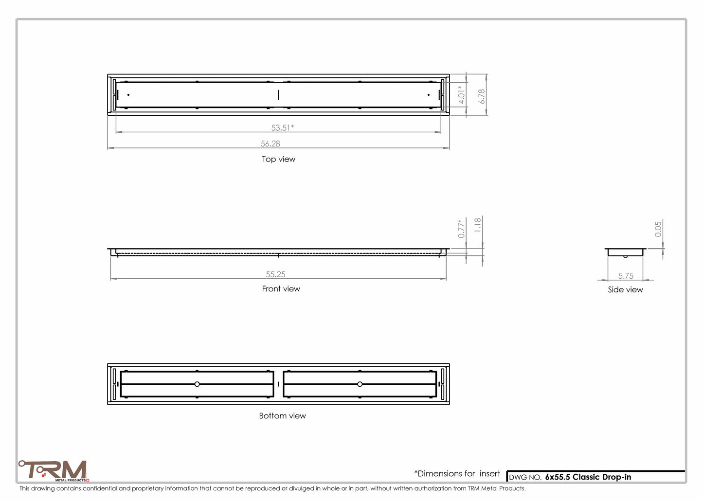 6x55.5 - Classic Drop-in Air Vent, Flush Floor-Matching, All Metal, Floor Vent Cover - TRM Metal  55.5x6