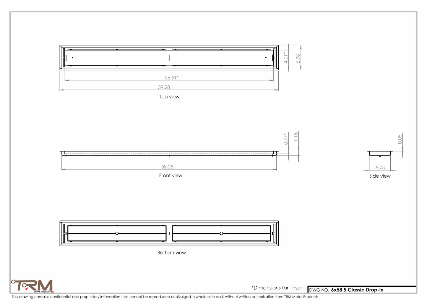 6x58.5 - Classic Drop-in Air Vent, Flush Floor-Matching, All Metal, Floor Vent Cover - TRM Metal  58.5x6