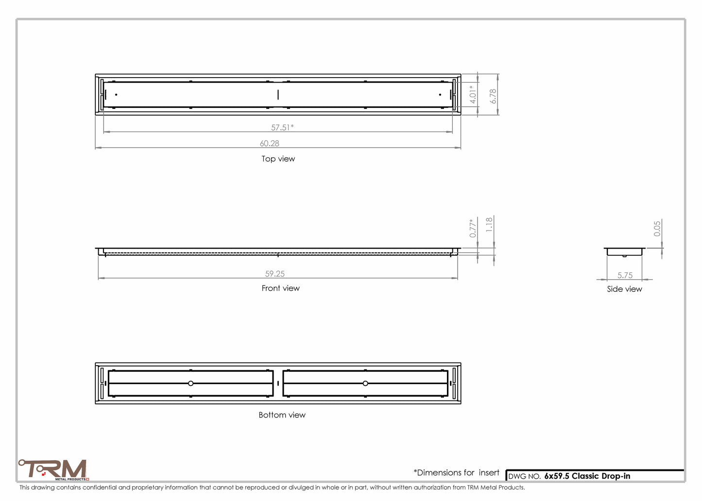 6x59.5 - Classic Drop-in Air Vent, Flush Floor-Matching, All Metal, Floor Vent Cover - TRM Metal  59.5x6
