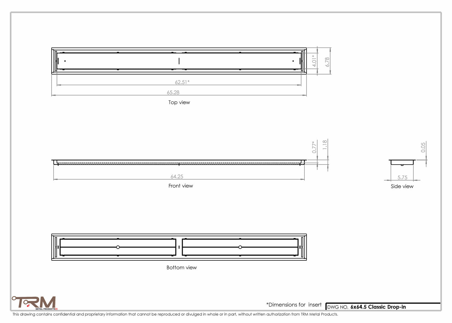6x64.5 - Classic Drop-in Air Vent, Flush Floor-Matching, All Metal, Floor Vent Cover - TRM Metal  64.5x6