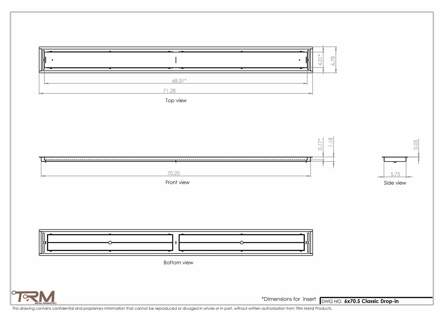 6x70.5 - Classic Drop-in Air Vent, Flush Floor-Matching, All Metal, Floor Vent Cover - TRM Metal  70.5x6