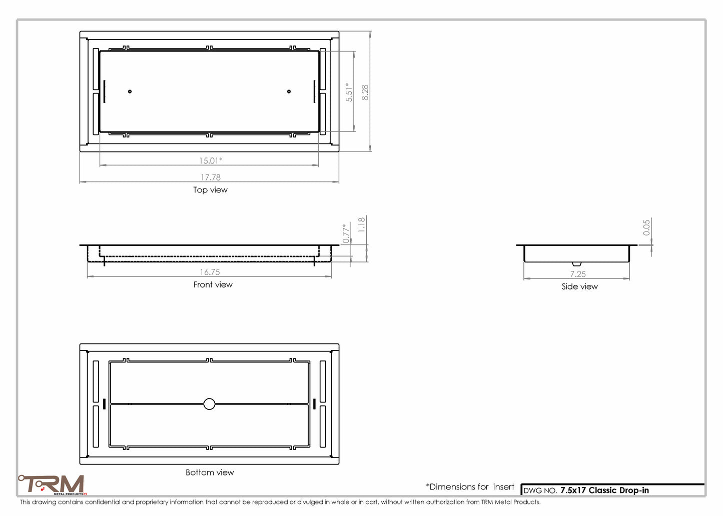 7.5x17 - Classic Drop-in Air Vent, Flush Floor-Matching, All Metal, Floor Vent Cover - TRM Metal  17x7.5