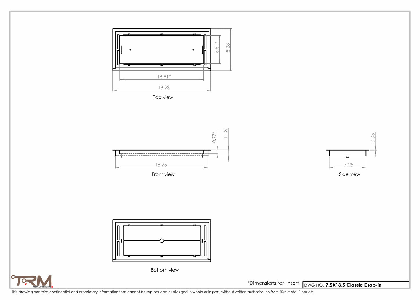 7.5x18.5 - Classic Drop-in Air Vent, Flush Floor-Matching, All Metal, Floor Vent Cover - TRM Metal  18.5x7.5