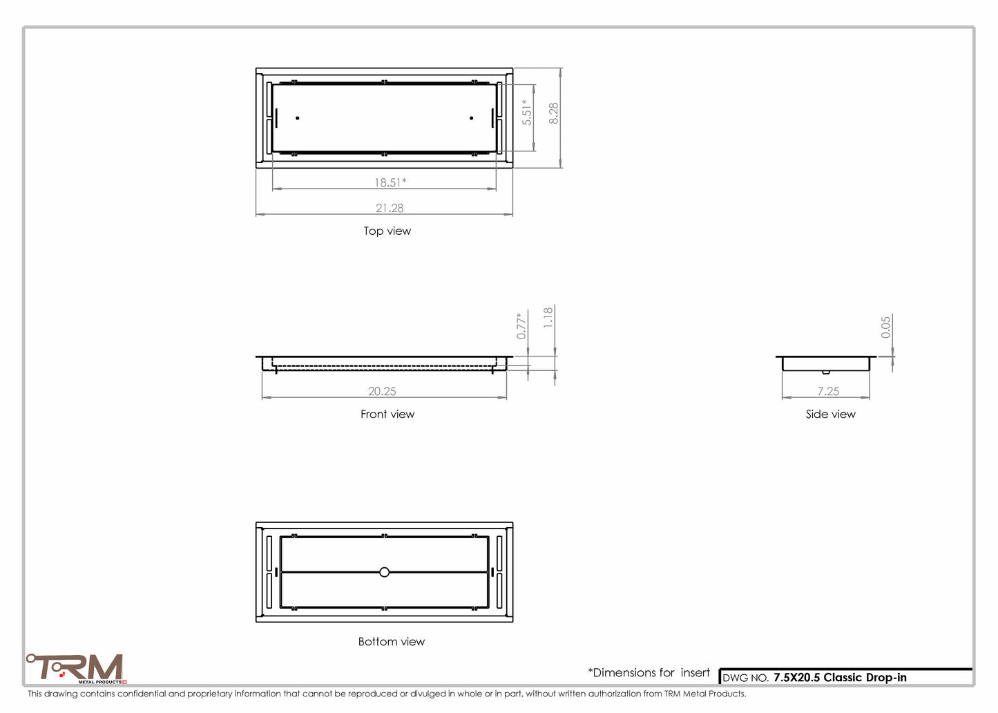 7.5x20.5 - Classic Drop-in Air Vent, Flush Floor-Matching, All Metal, Floor Vent Cover - TRM Metal  20.5x7.5