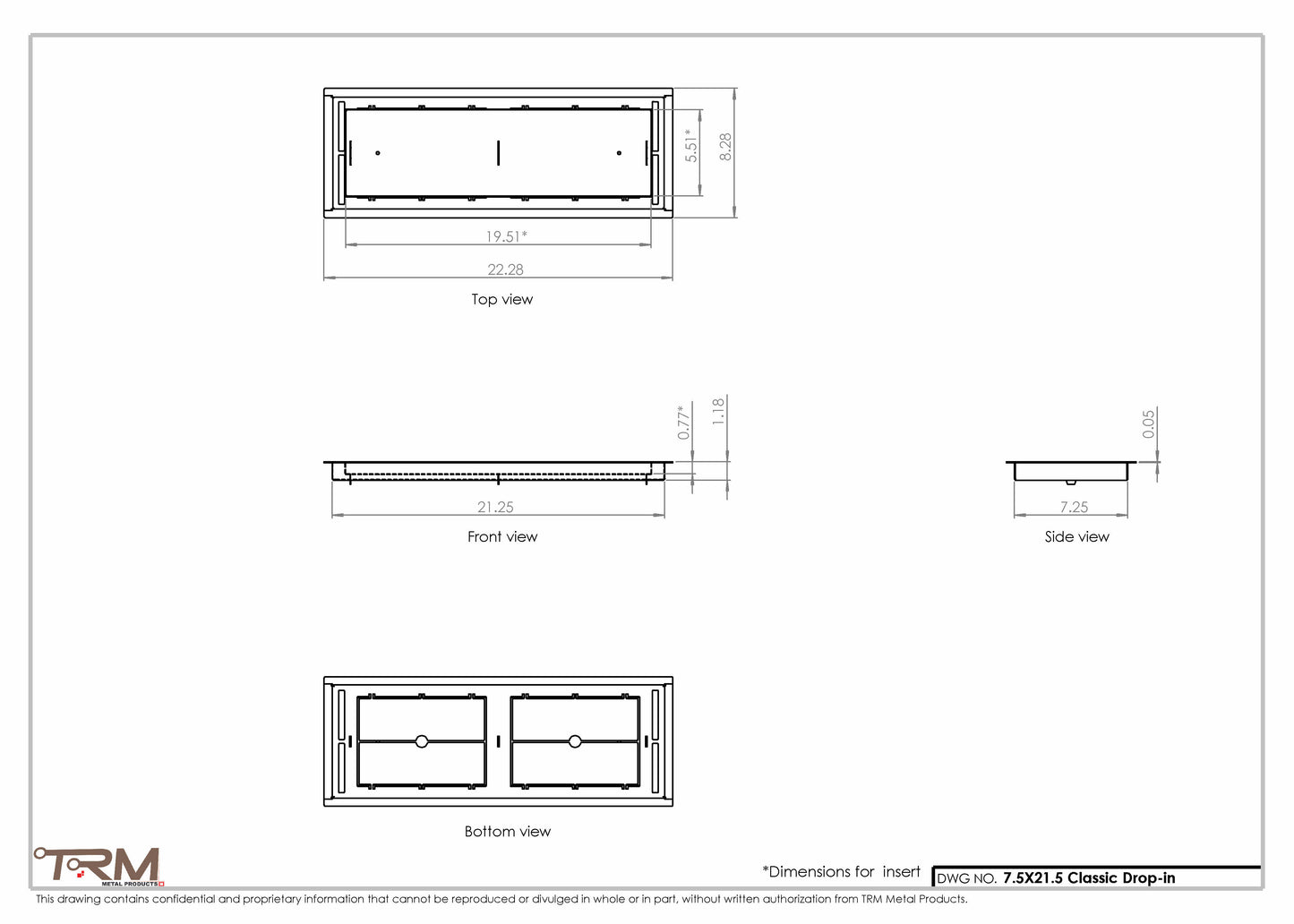7.5x21.5 - Classic Drop-in Air Vent, Flush Floor-Matching, All Metal, Floor Vent Cover - TRM Metal  21.5x7.5