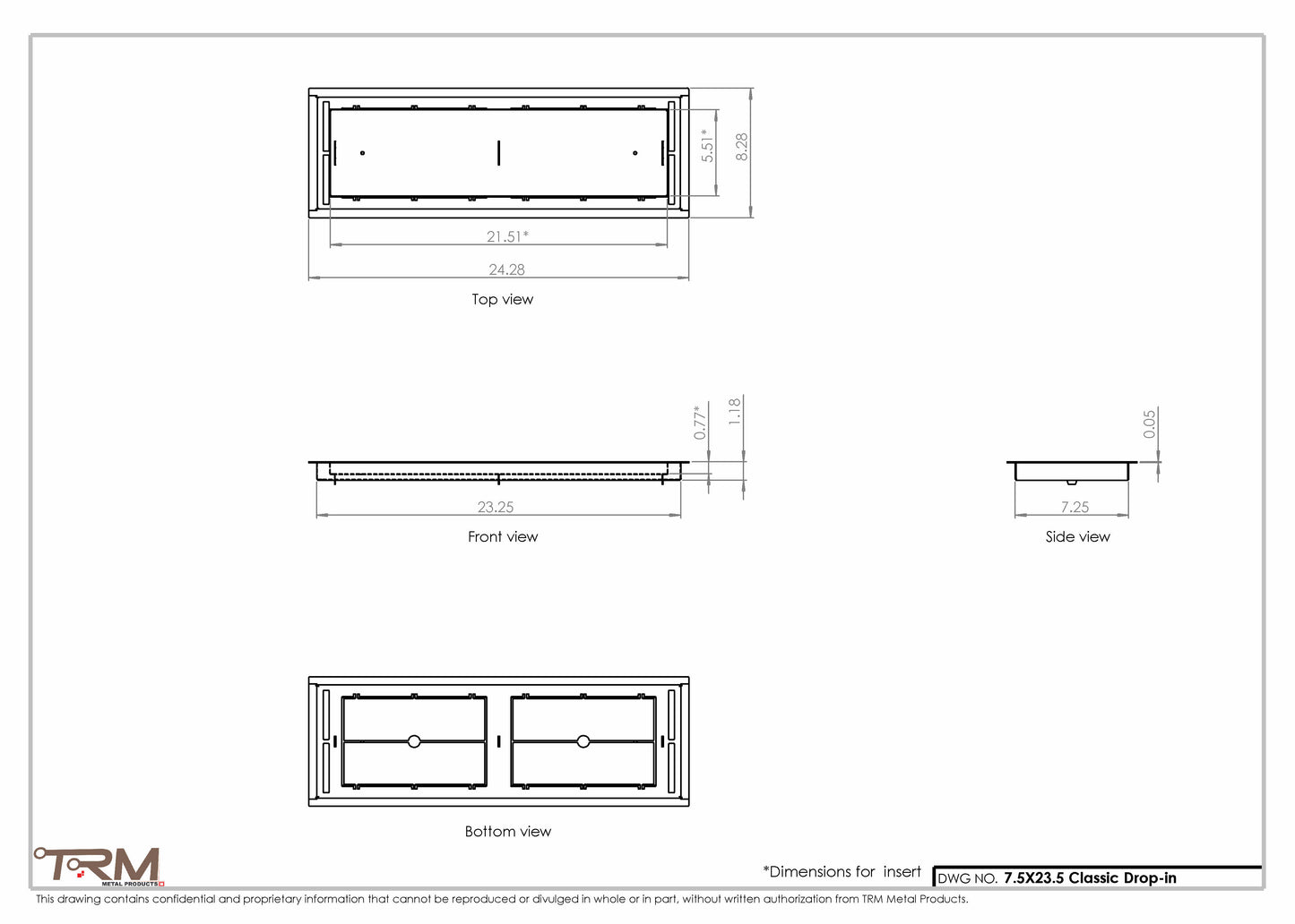 7.5x23.5 - Classic Drop-in Air Vent, Flush Floor-Matching, All Metal, Floor Vent Cover - TRM Metal  23.5x7.5