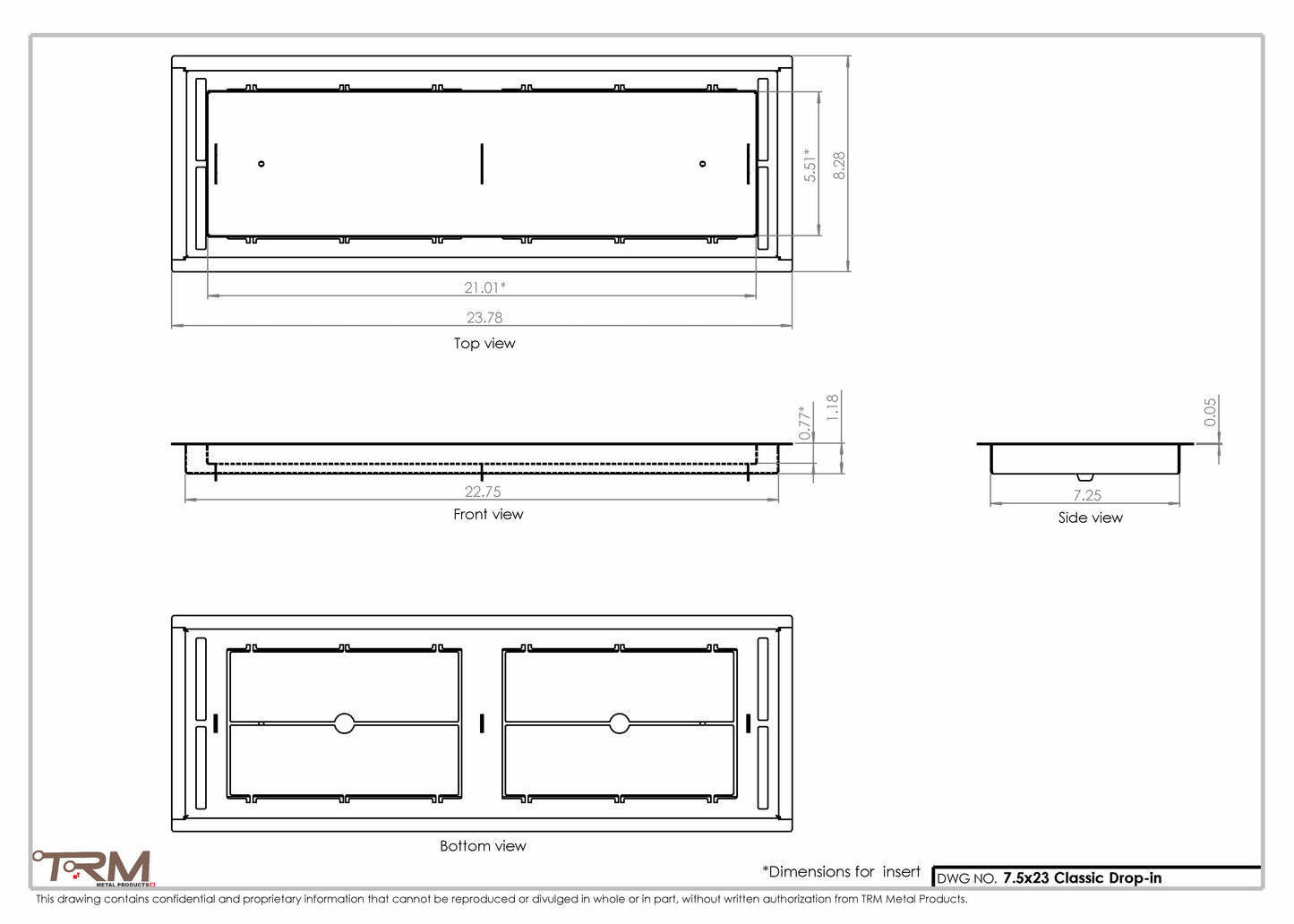 7.5x23 - Classic Drop-in Air Vent, Flush Floor-Matching, All Metal, Floor Vent Cover - TRM Metal  23x7.5