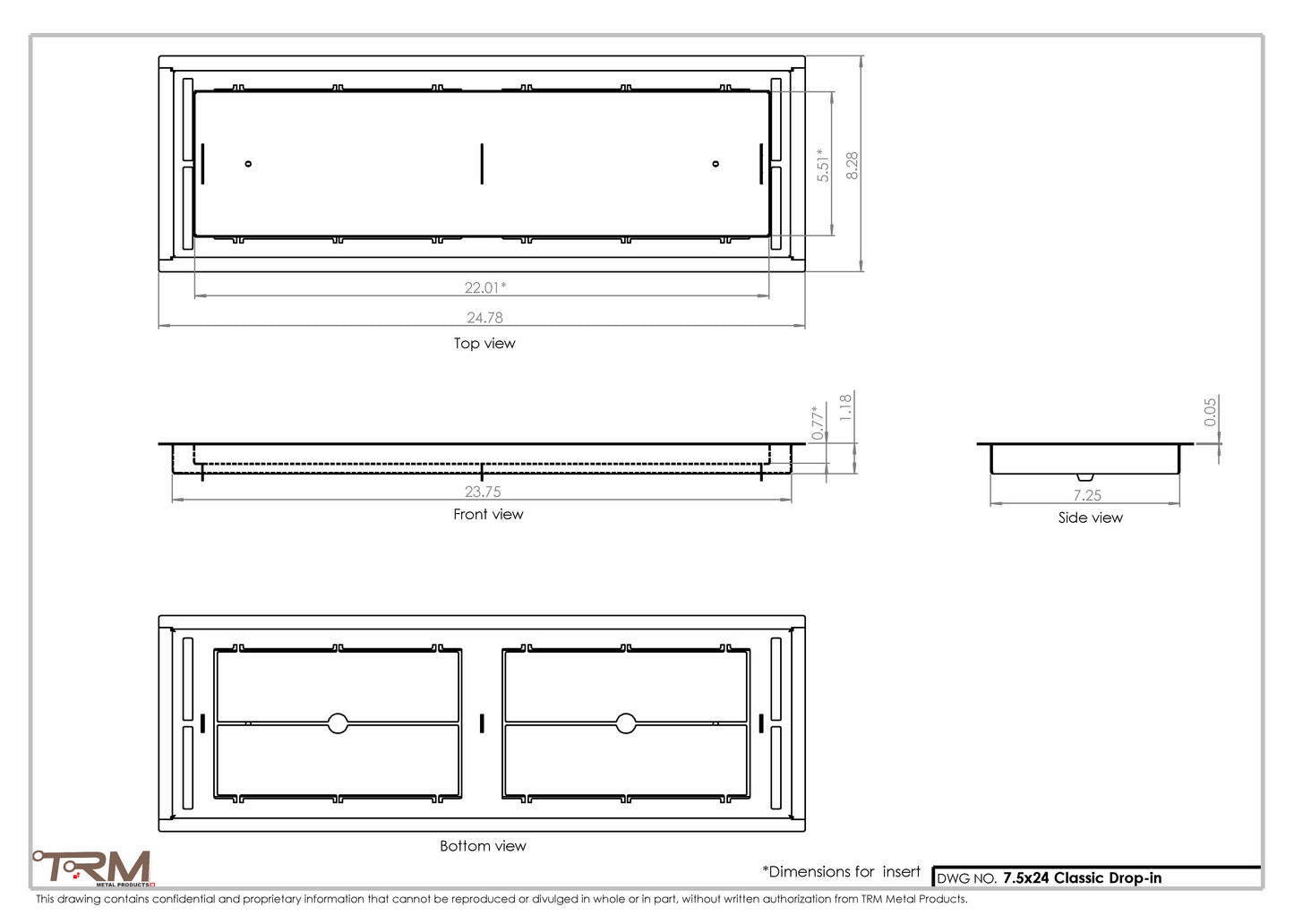 7.5x24 - Classic Drop-in Air Vent, Flush Floor-Matching, All Metal, Floor Vent Cover - TRM Metal  24x7.5