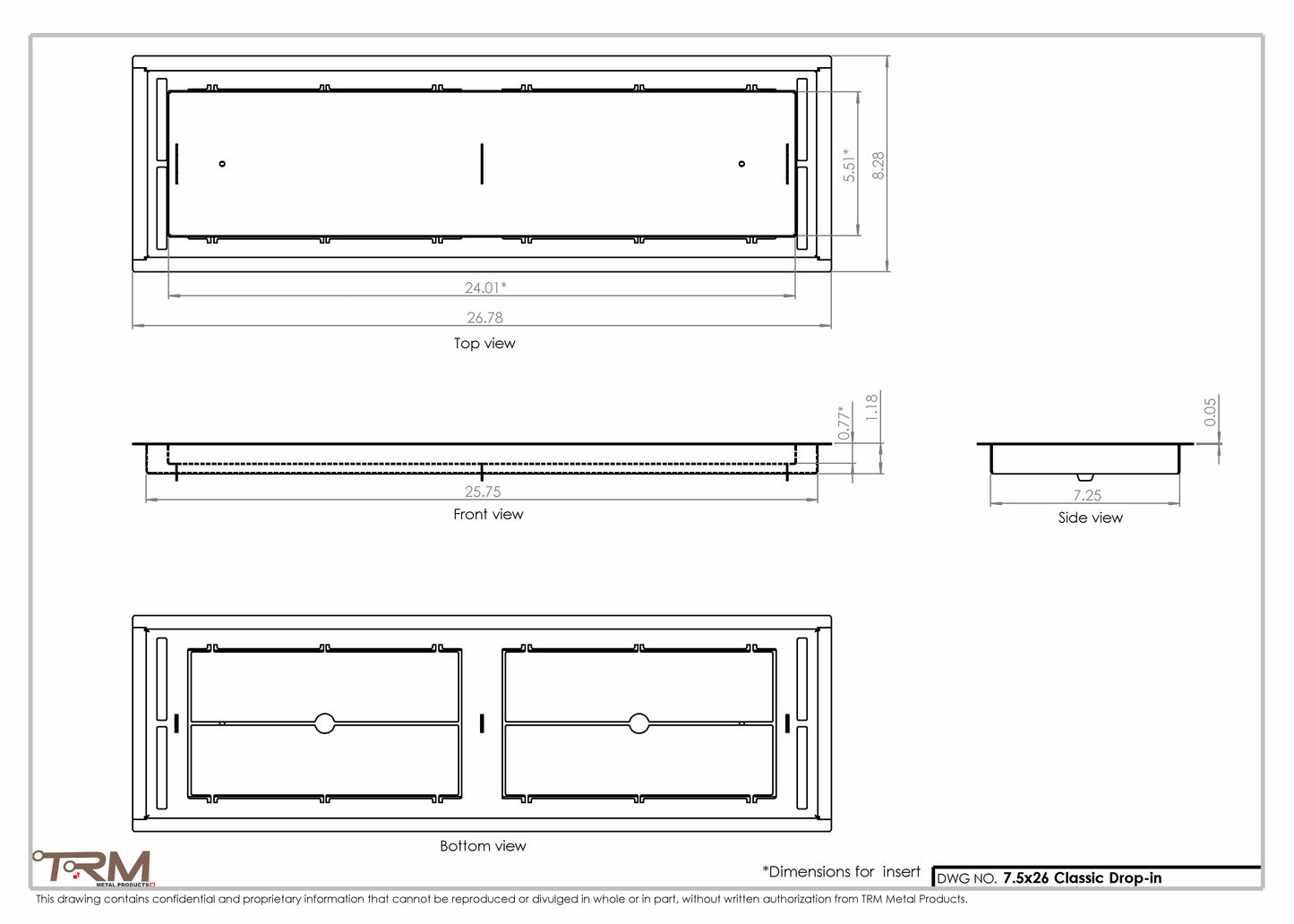 7.5x26 - Classic Drop-in Air Vent, Flush Floor-Matching, All Metal, Floor Vent Cover - TRM Metal  26x7.5