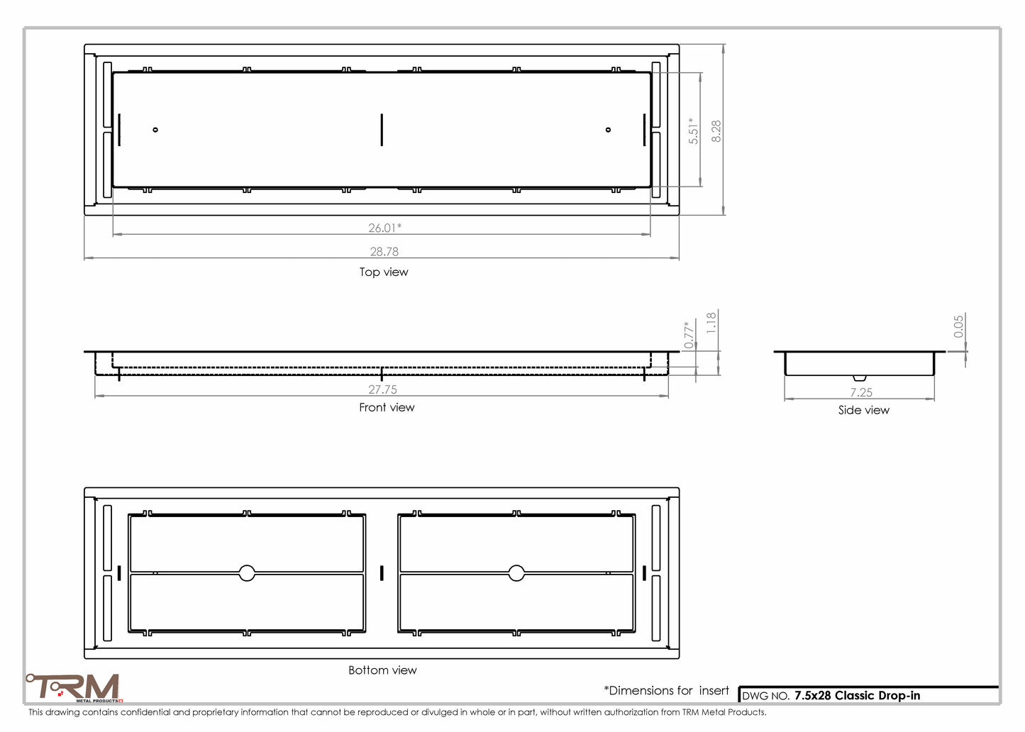 7.5x28 - Classic Drop-in Air Vent, Flush Floor-Matching, All Metal, Floor Vent Cover - TRM Metal  28x7.5