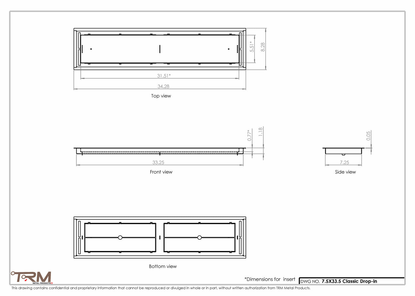 7.5x33.5 - Classic Drop-in Air Vent, Flush Floor-Matching, All Metal, Floor Vent Cover - TRM Metal  33.5x7.5