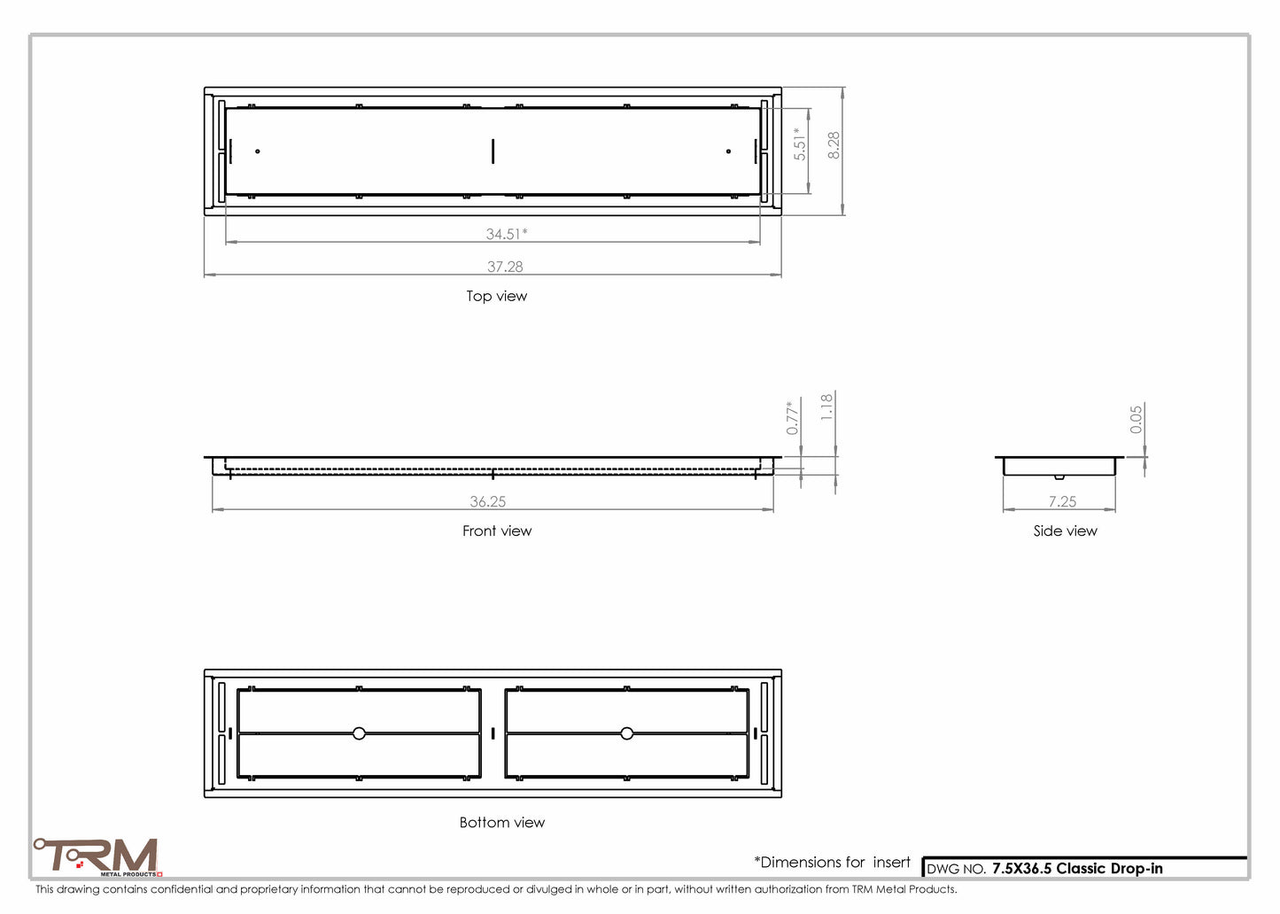 7.5x36.5 - Classic Drop-in Air Vent, Flush Floor-Matching, All Metal, Floor Vent Cover - TRM Metal  36.5x7.5