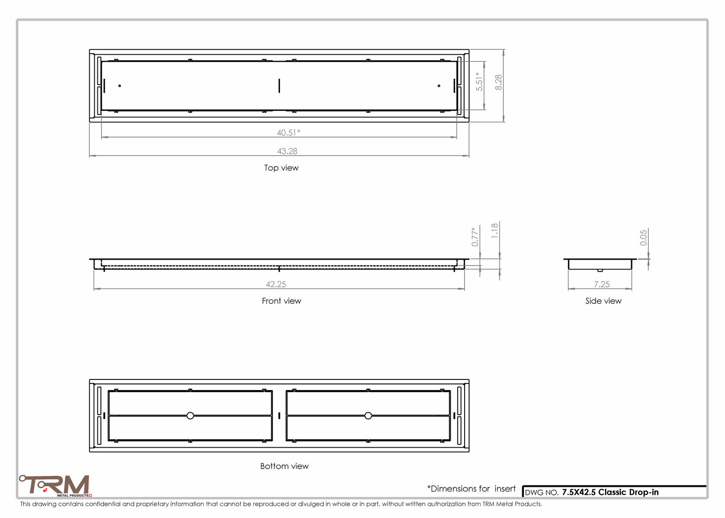 7.5x42.5 - Classic Drop-in Air Vent, Flush Floor-Matching, All Metal, Floor Vent Cover - TRM Metal  42.5x7.5