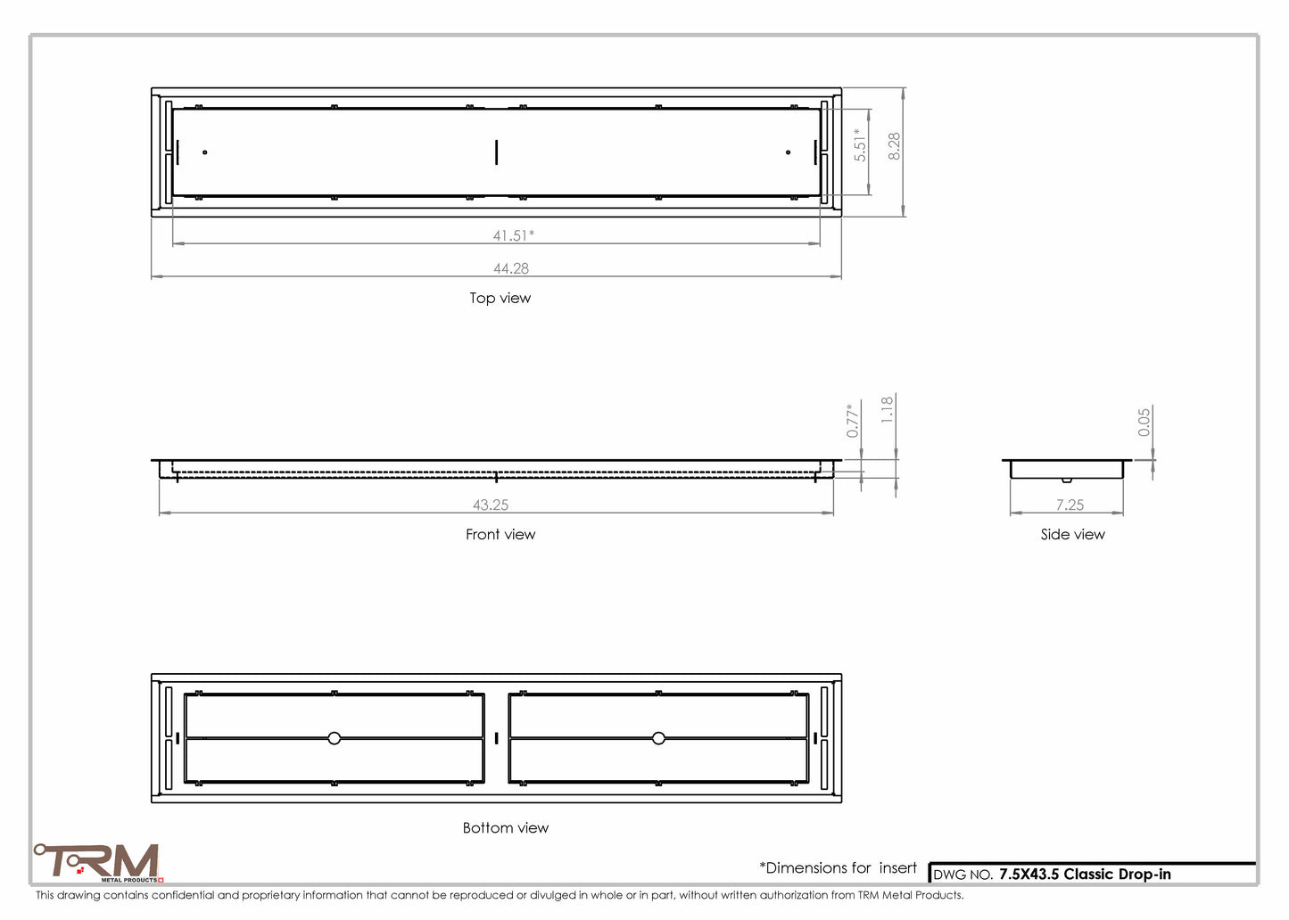7.5x43.5 - Classic Drop-in Air Vent, Flush Floor-Matching, All Metal, Floor Vent Cover - TRM Metal  43.5x7.5