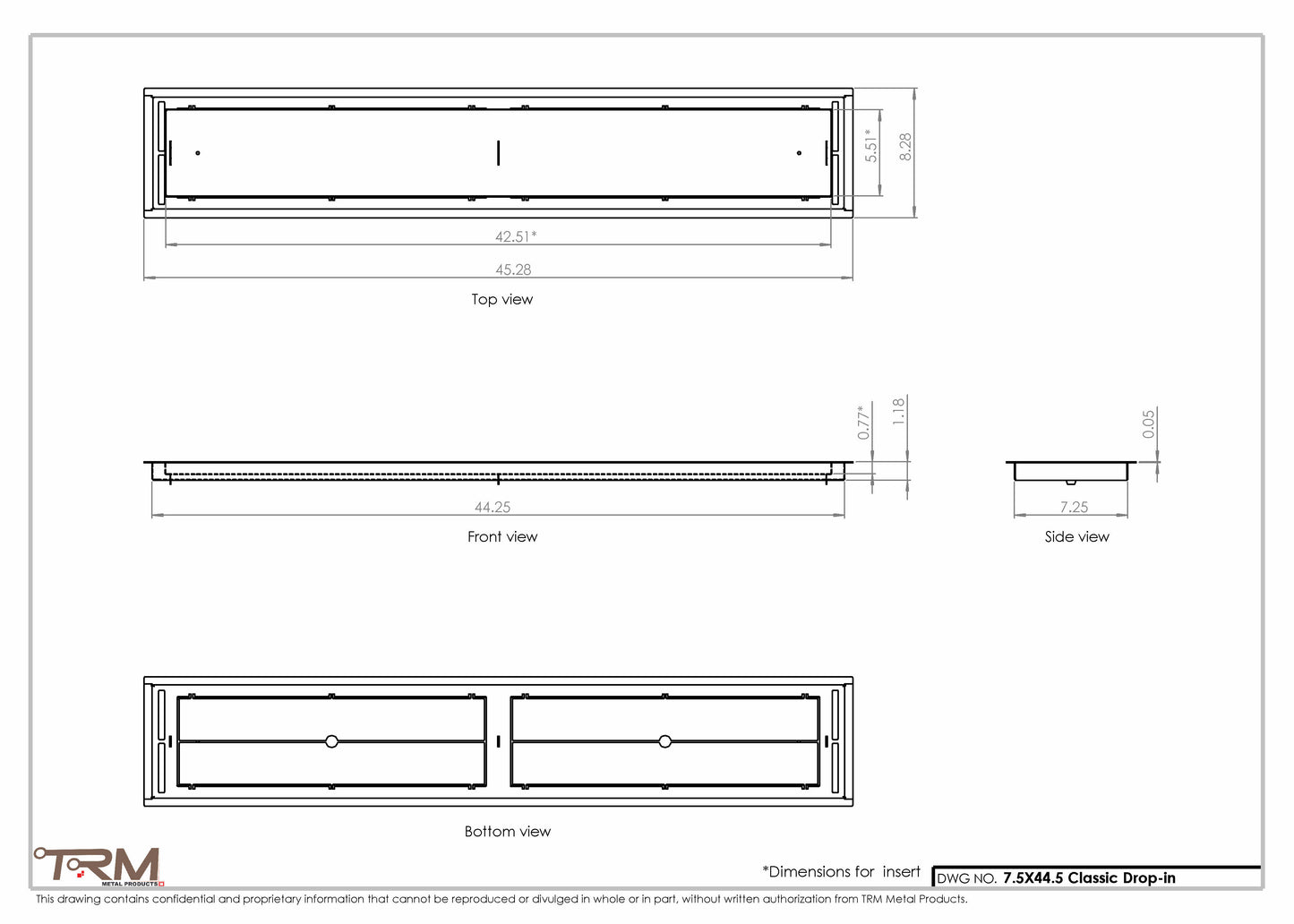 7.5x44.5 - Classic Drop-in Air Vent, Flush Floor-Matching, All Metal, Floor Vent Cover - TRM Metal  44.5x7.5