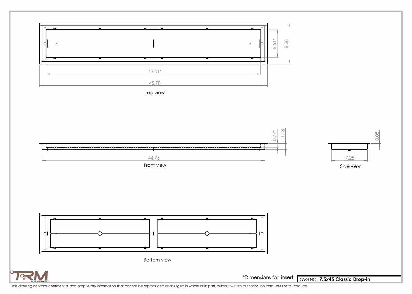 7.5x45 - Classic Drop-in Air Vent, Flush Floor-Matching, All Metal, Floor Vent Cover - TRM Metal  45x7.5