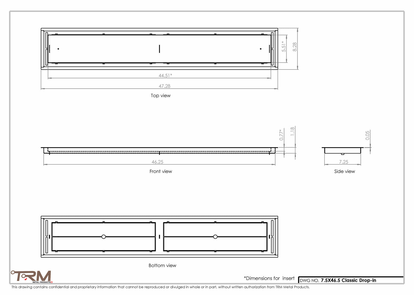 7.5x46.5 - Classic Drop-in Air Vent, Flush Floor-Matching, All Metal, Floor Vent Cover - TRM Metal  46.5x7.5