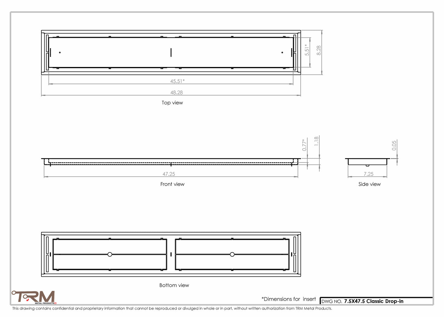7.5x47.5 - Classic Drop-in Air Vent, Flush Floor-Matching, All Metal, Floor Vent Cover - TRM Metal  47.5x7.5