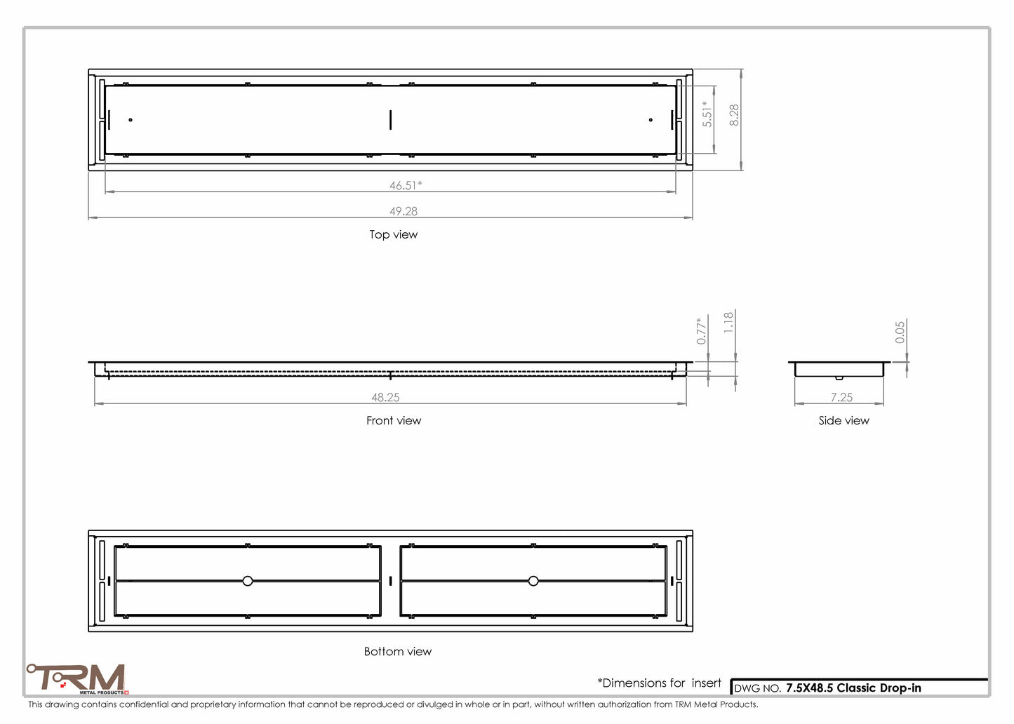 7.5x48.5 - Classic Drop-in Air Vent, Flush Floor-Matching, All Metal, Floor Vent Cover - TRM Metal  48.5x7.5