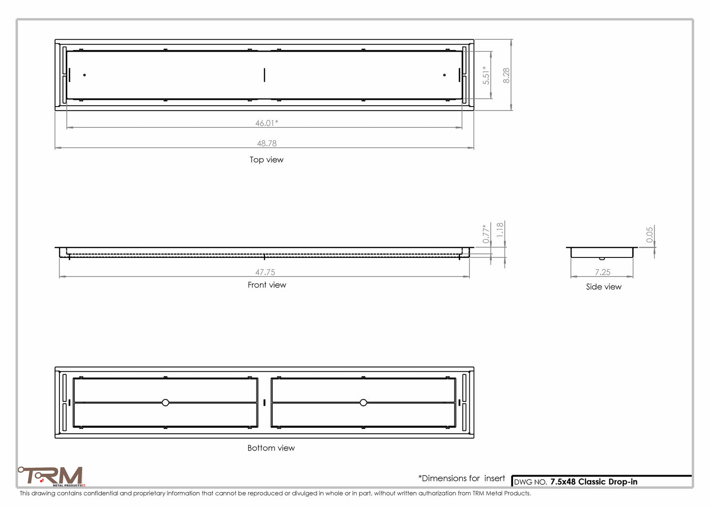 7.5x48 - Classic Drop-in Air Vent, Flush Floor-Matching, All Metal, Floor Vent Cover - TRM Metal  48x7.5