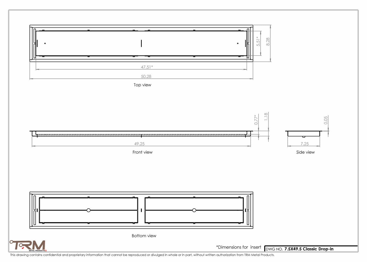 7.5x49.5 - Classic Drop-in Air Vent, Flush Floor-Matching, All Metal, Floor Vent Cover - TRM Metal  49.5x7.5