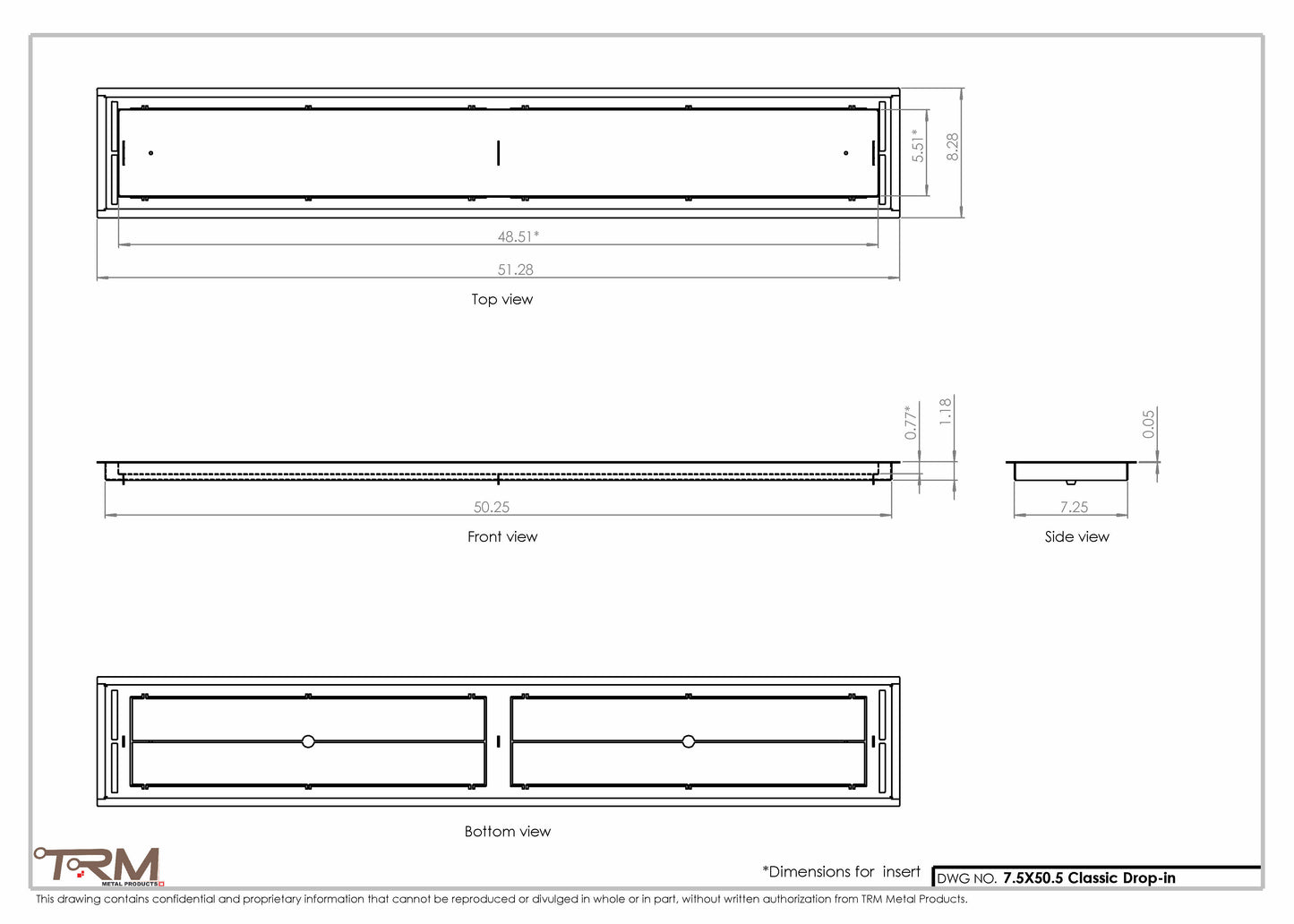 7.5x50.5 - Classic Drop-in Air Vent, Flush Floor-Matching, All Metal, Floor Vent Cover - TRM Metal  50.5x7.5