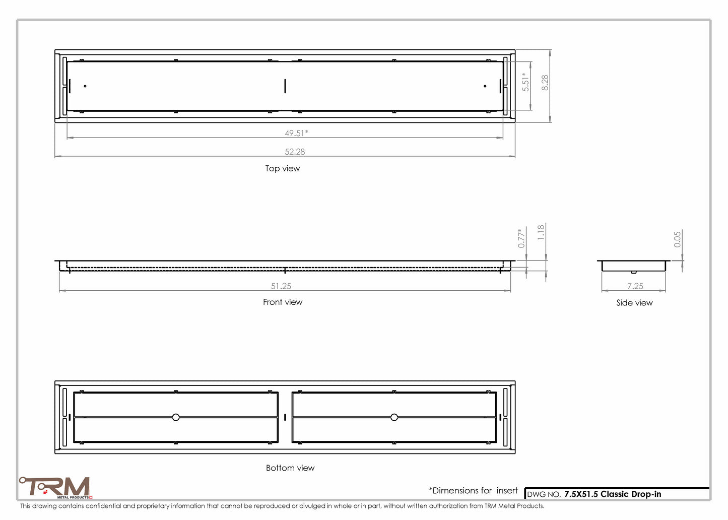 7.5x51.5 - Classic Drop-in Air Vent, Flush Floor-Matching, All Metal, Floor Vent Cover - TRM Metal  51.5x7.5