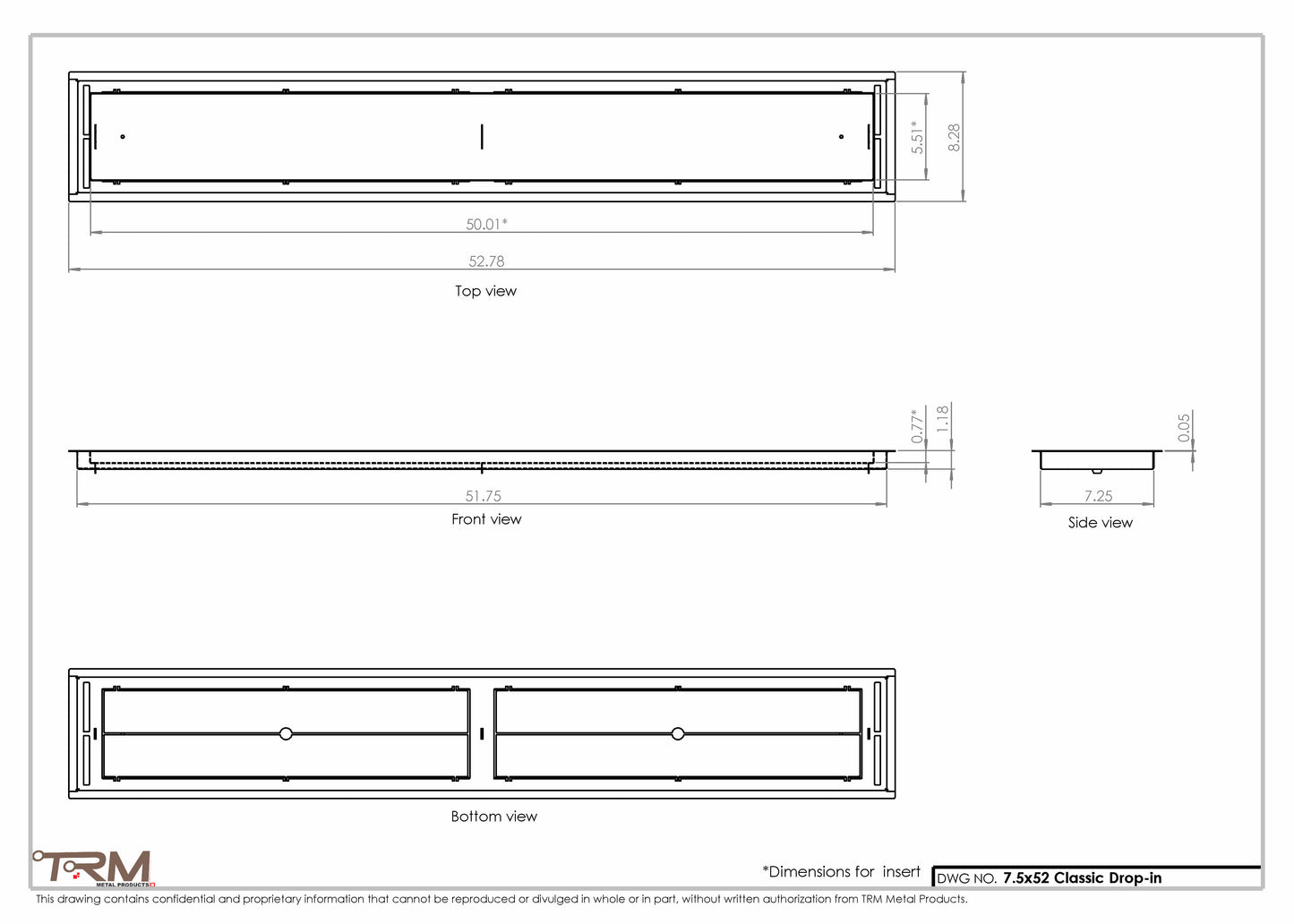 7.5x52 - Classic Drop-in Air Vent, Flush Floor-Matching, All Metal, Floor Vent Cover - TRM Metal  52x7.5