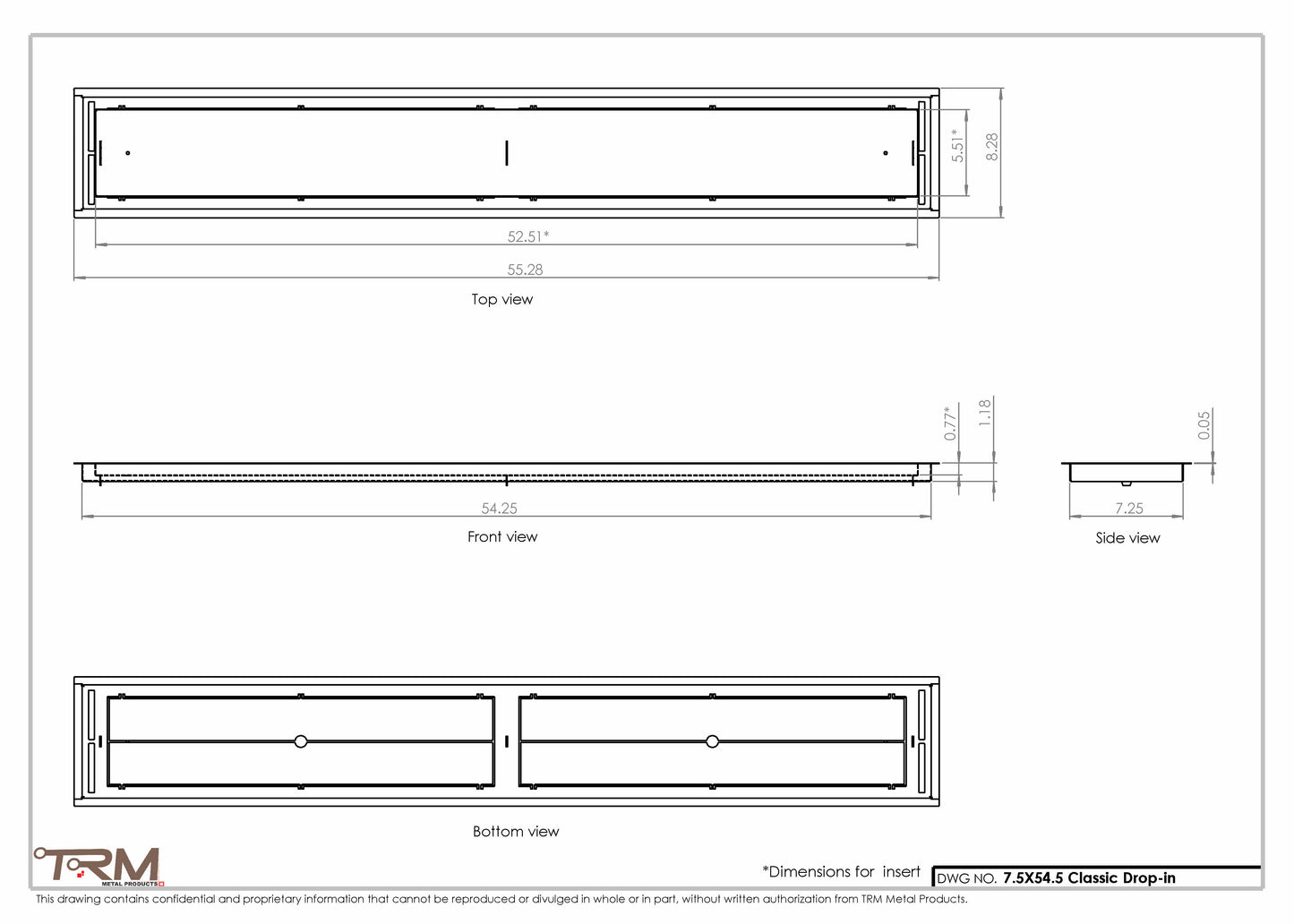 7.5x54.5 - Classic Drop-in Air Vent, Flush Floor-Matching, All Metal, Floor Vent Cover - TRM Metal  54.5x7.5