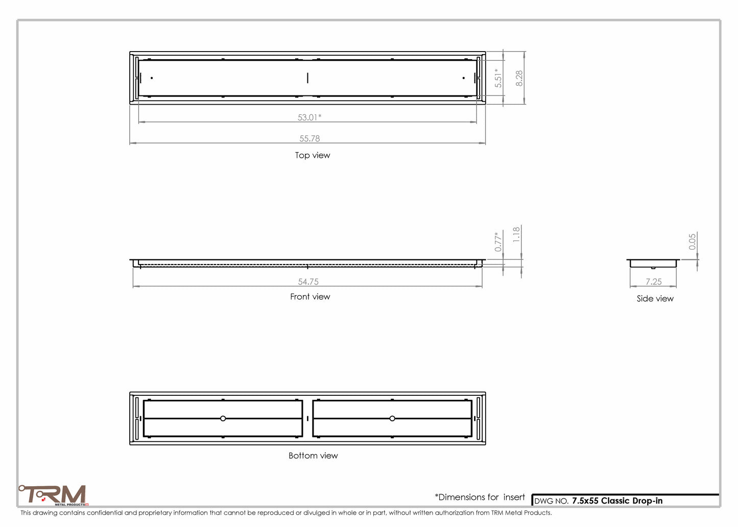 7.5x55 - Classic Drop-in Air Vent, Flush Floor-Matching, All Metal, Floor Vent Cover - TRM Metal  55x7.5