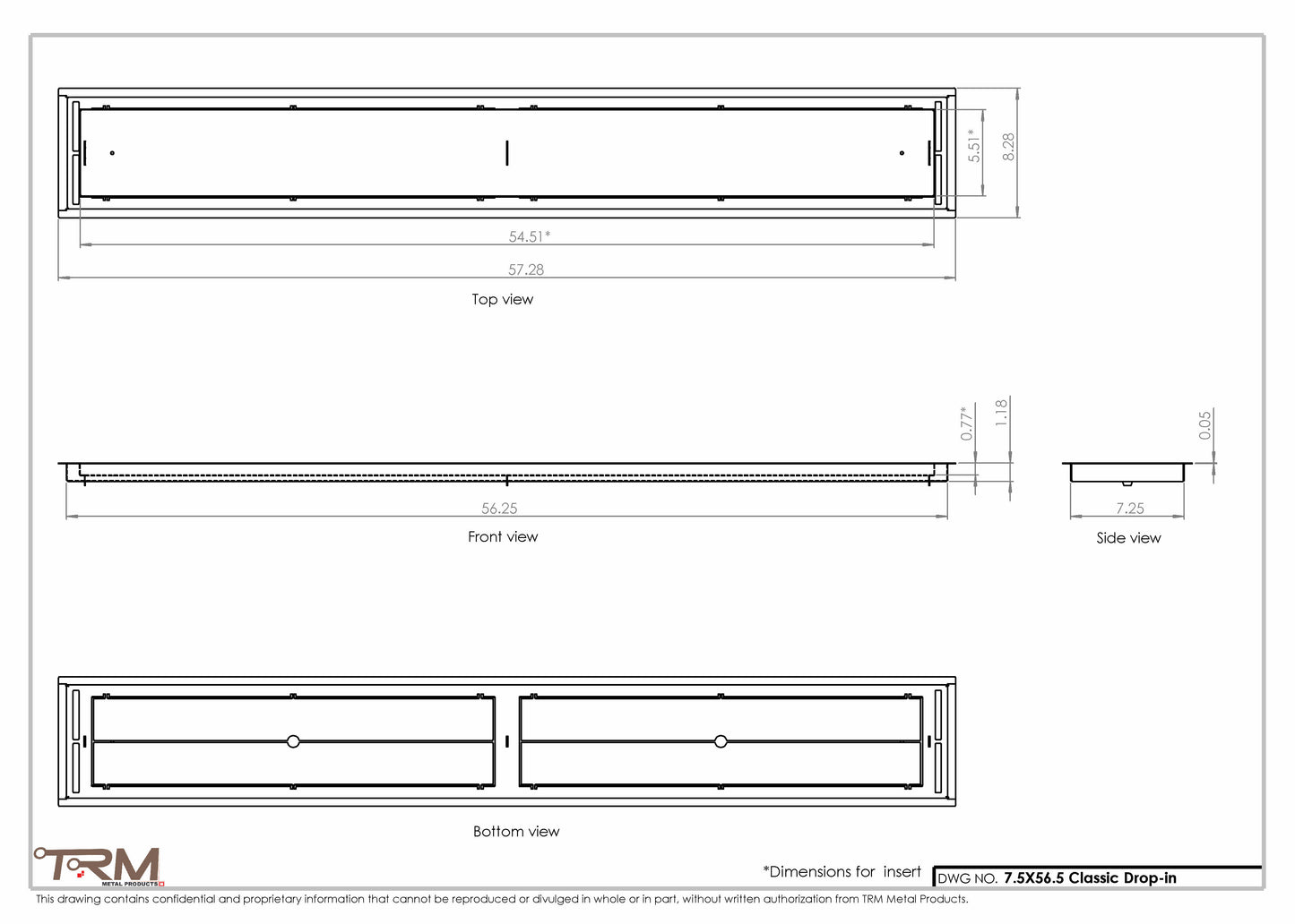 7.5x56.5 - Classic Drop-in Air Vent, Flush Floor-Matching, All Metal, Floor Vent Cover - TRM Metal  56.5x7.5