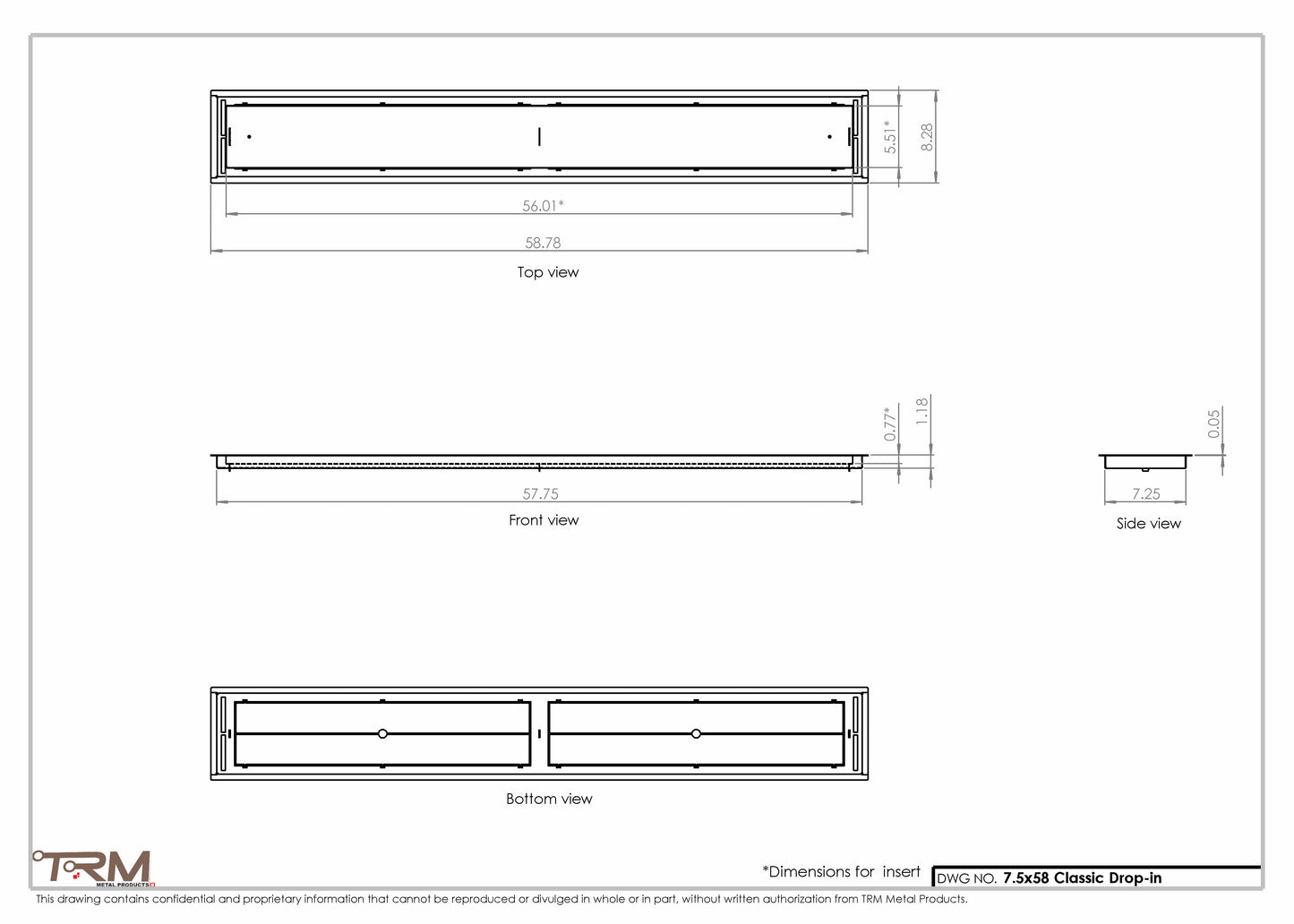 7.5x58 - Classic Drop-in Air Vent, Flush Floor-Matching, All Metal, Floor Vent Cover - TRM Metal  58x7.5